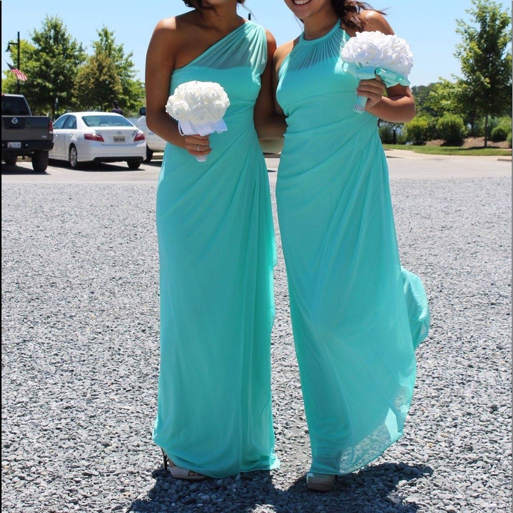David’s Bridal Bridesmaid Spa Sleeveless Long Mesh Dress with Illusion Neckline